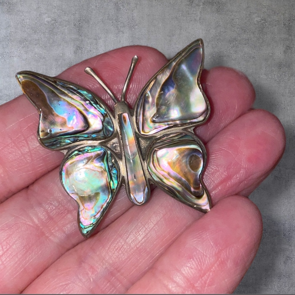 Vintage Butterfly Abalone Inlay Silver Mexico Pin Brooch - Picture 4 of 13